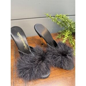Vtg 70s Marabou Slippers Gold Tipped Heels Shoes Undercover Wear Fetish Size 7